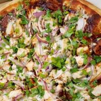 Bbq Chicken Pizza · Mozzarella, BBQ sauce, chicken breast, cilantro, and red onion.