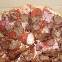Meatlovers · Mozzarella, pepperoni, ham, Ameci meatballs, Canadian bacon, and Italian sausage.