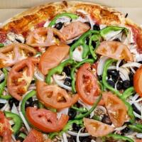 Vegetarian Pizza  · Fresh tomatoes, black olives, mushrooms, green peppers, and onions.