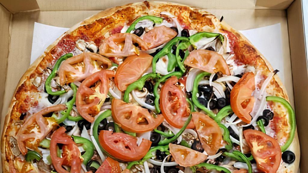 Vegetarian Pizza  · Fresh tomatoes, black olives, mushrooms, green peppers, and onions.