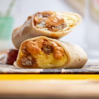 Classic Breakfast Burrito · scrambled eggs, tater tots, jack cheese, large flour tortilla, smokey chipotle lime aioli