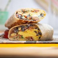 The Brinner Breakfast Burrito · flour tortilla rolled up + stuffed with eggs, bacon, jack cheese, rice, black beans + salsa.