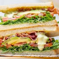 Blat Sandwich · bacon, arugula, avocado, tomato, lemon herb aioli, rustic sourdough