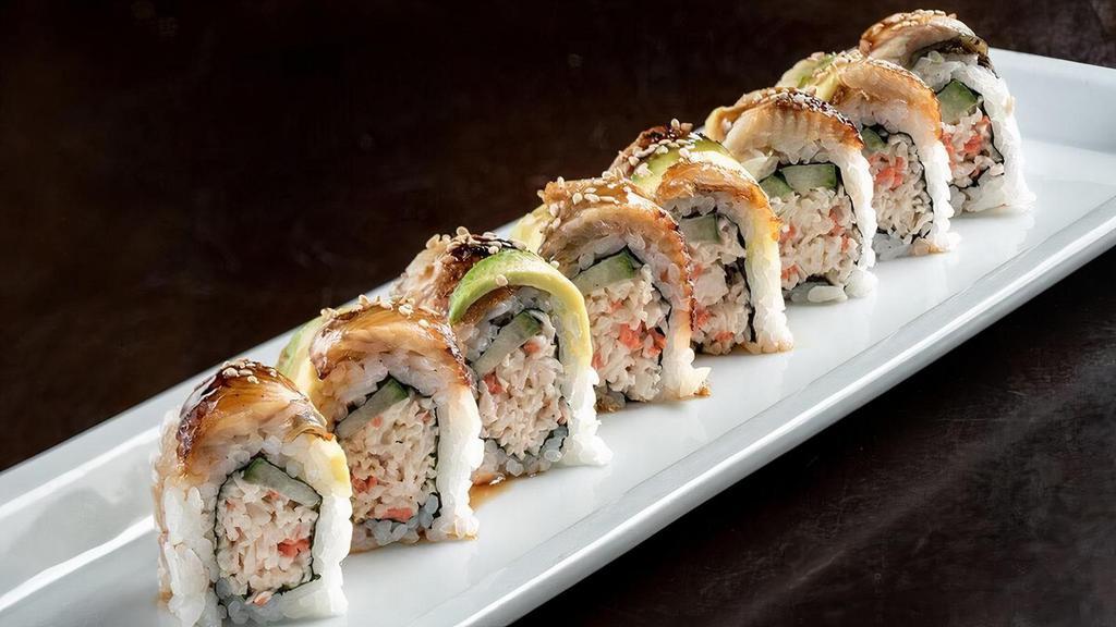 Dragon Roll · Krab† mix and cucumber rolled in seaweed and rice; topped with freshwater eel and avocado slices