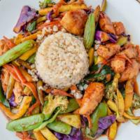 Orange Ginger Chicken Stir Fry · Choice of chicken or tofu with traditional Asian vegetables and organic brown rice.