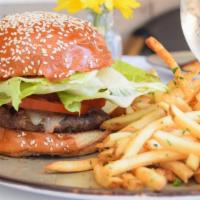 Bistro Burger · Ground chuck and brisket, jalapeño jack cheese, lettuce, and tomato on Puritan vegan bun wit...