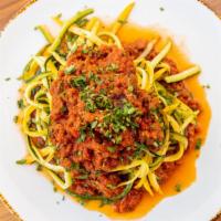 Impossible Bolognese · Vegan, gluten-free. Zucchini noodles and vegan plant based ragu.