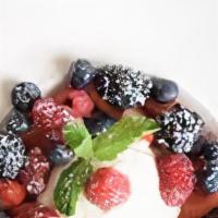 Organic Berries With Whipped Cream · Blueberries, Blackberries, Raspberries & Strawberries.  House-whipped cream.