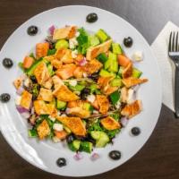 Mediterranean Greek Chicken Salad · Spring Mix,  Grilled Chicken,  Diced Tomatoes, Cucumber, Black Olives, Diced Red Onions, and...