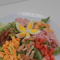 Mj Chef Salad · Romain Lettuce, Bacon, Ham, Turkey, Chicken.
Diced Tomatoes, American Cheese, Croutons, Avoc...