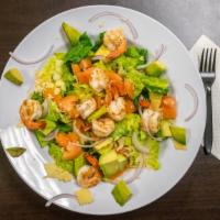 Shrimp Avocado Salad · Romain Lettuce, Large Grilled Shrimp, Avocado,
Diced Tomatoes, Slice Red Onions, 
Shredded  ...
