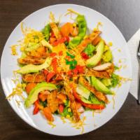 Southern Chicken Salad · Romain Lettuce, Diced Tomatoes, Corn, Green and Red Slice Bell Peppers, Avocado, Tortilla Ch...