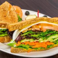 Veggie Lovers Sandwich · Mustard, Lettuce, Tomatoes, Shredded Carrots, Cucumber, Spring Mix , Avocado, And Mozzarella...