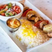 Veggie Plate · Veggie Skewers
Grilled mushrooms, Anaheim pepper, eggplant, onion and tomato, served with ri...