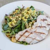 Cilantro Lime Chicken · Gluten free 490 cal organic baby greens, jack cheese, heirloom tomatoes, grilled corn, torti...