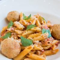 Penne Bolognese & Meatballs · 970 cal chicken meatballs, spicy italian sausage, red pepper, tomato cream sauce, parmesan c...