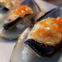 Baked Mussels · Baked with spicy mayo, masago, ponzu.