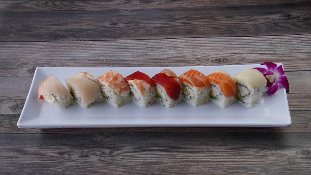 Rainbow Roll · Crab, avocado, four kinds of fish on top.