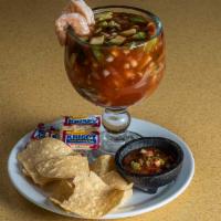 Shrimp Cocktail · 12 large shrimp, cooked & marinated in a salsa made with Clamato, Tapatio, avocado, tomato, ...