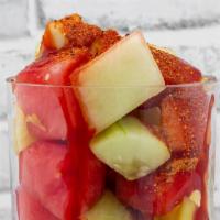 Fruit Cups (32 Oz.) · Mango, watermelon, cucumber, pineapple, cantaloupe, honeydew melon, chili powder, chamoy taj...