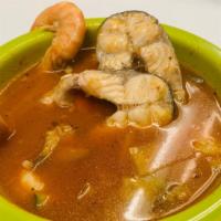 Caldo De Pescado Y Camaron · Fish and shrimp stew.