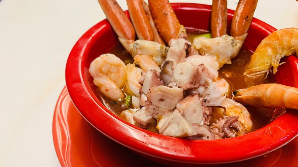 Caldo Mixto · Shrimp, crab, and octopus stew.