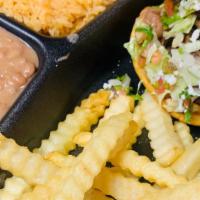Sope Kids · Sope includes beans, lettuce, pico de gallo, cheese, and rice, beans, French fries on the side