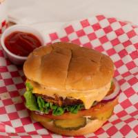 Veggie Burger · Black Bean Veggie Patty, Lettuce, Onion, Tomato, Pickles, American Cheese, and a Thousand Is...