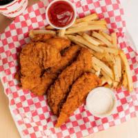 5 Piece Chicken Strips · 3 Crispy Chicken Strips with a Choice of Sauce on the Side.