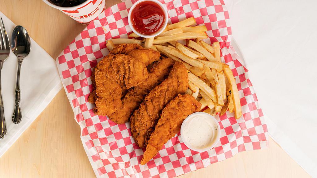 5 Piece Chicken Strips · 3 Crispy Chicken Strips with a Choice of Sauce on the Side.
