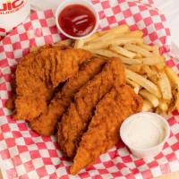 5 Piece Chicken Strips Combo · 5 Piece Breaded Chicken Tenders. Includes Fresh Cut Fries and a 20oz Drink.