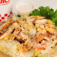 Chicken Caesar Salad · Fresh Romaine Lettuce with Tomatoes, Parmesan Cheese, Croutons, Caesar Dressing, and a Choic...
