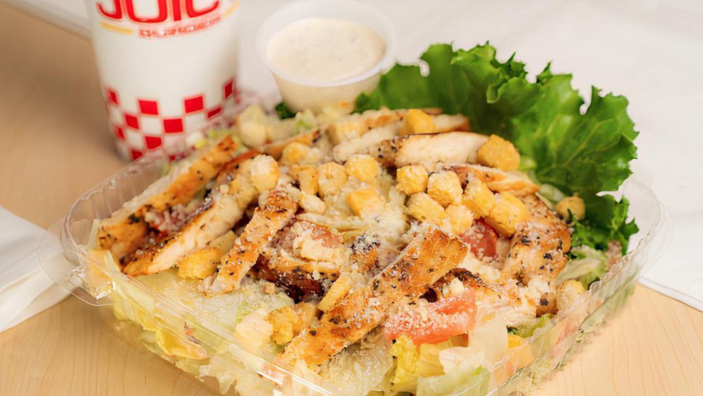 Chicken Caesar Salad · Fresh Romaine Lettuce with Tomatoes, Parmesan Cheese, Croutons, Caesar Dressing, and a Choice of Grilled or Crispy Chicken.