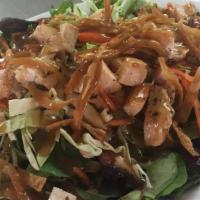 Asian Chicken Salad · Mixed greens, cabbage, carrots, topped with chicken breast, fried wontons, mandarin oranges,...