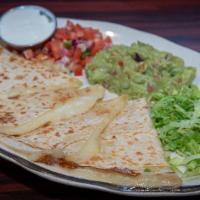 Quesadillas · Melted Monterey jack cheese in flour tortillas. Served with guacamole, pico De gallo and sou...