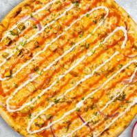 Ranch Buffalo Chicken Pizza · Buffalo sauce, juicy chicken, mozzarella, marinara, chopped garlic, fresh basil, and extra v...