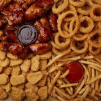 Party Down Bundle · That's right! House Seasoned fries, onion rings, 25 bone-in wings, and 24 chicken nuggets. S...