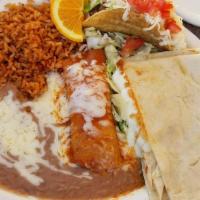 Choice Of 3 Different Items · Burritos, quesadillas, tacos, enchiladas, taquitos, tamales, chile rellenos.