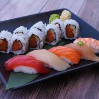 Sushi And Spicy Tuna Roll  · 5pc Sushi(Tuna, Salmon, Yellowtail, Albacore, Shrimp), 8pc Spicy Tuna Roll