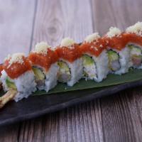 Hot Night Roll · Shrimp tempura, crab, avocado, cucumber, topped with spicy tuna and crunch outside. Served w...