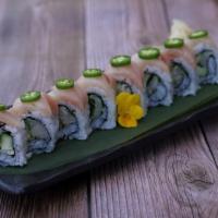 Yellowtail Cilantro Roll · Yellowtail, cucumber, cilantro topped with yellowtail and serrano peppers. Served with ponzu...