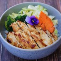 Grilled Chicken Teriyaki Bowl - White Meat · Grilled chicken white meat. Steamed broccoli, cabbage, carrot, scallion. Over Rice.
