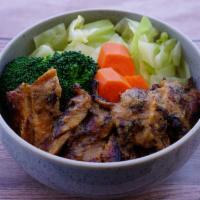 Miso Chicken Bowl · Grilled chicken breast, miso sauce, steamed carrot, cabbage, broccoli. Over Rice
