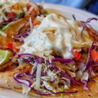Grilled Fish · Three grilled fish tacos in a warm corn tortilla, shredded cabbage, cheddar cheese, salsa fr...