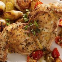 Herb Brick Chicken · Garlic Mashed Potatoes, Sliced Cherry Peppers, Balsamic Cippolini Onions