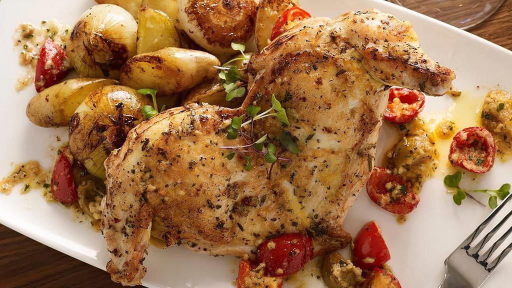 Herb Brick Chicken · Garlic Mashed Potatoes, Sliced Cherry Peppers, Balsamic Cippolini Onions