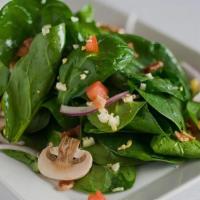 Spinach Salad · Baby Spinach, Red Onion, Cherry Tomatoes, Bacon, Hard-Boiled Egg, Mushrooms, Suggested Dress...