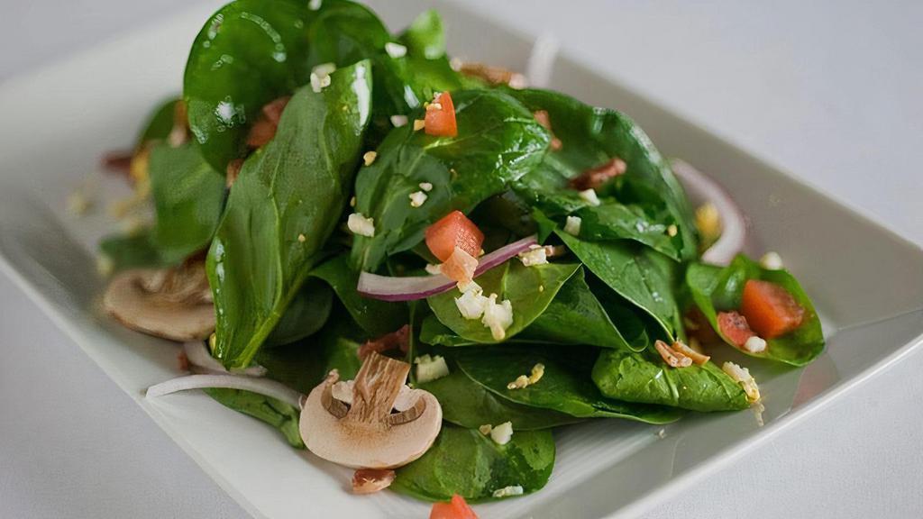 Spinach Salad · Baby Spinach, Red Onion, Cherry Tomatoes, Bacon, Hard-Boiled Egg, Mushrooms, Suggested Dressing - Warm Bacon Vinaigrette