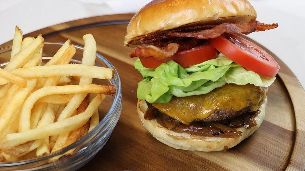 Hickory Bacon Burger · Beef, Applewood Smoked Bacon, Cheddar, Caramelized Onions, Sriracha Mayonnaise, Brioche Bun, Roasted Garlic Parmesan Fries