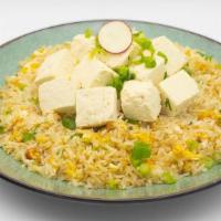 Soft Tofu Fried Rice · soft tofu, scrambled eggs, homemade aji verde aioli (spicy), and scallions